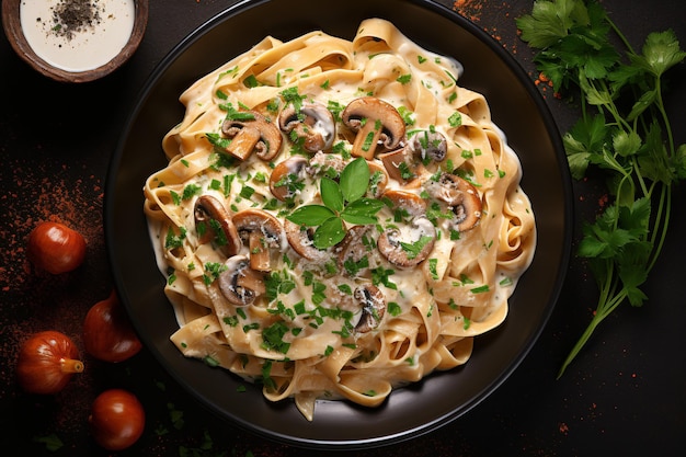 Photo pasta crémeuse de pappardelle avec des champignons et du persil servi sur une surface de pierre