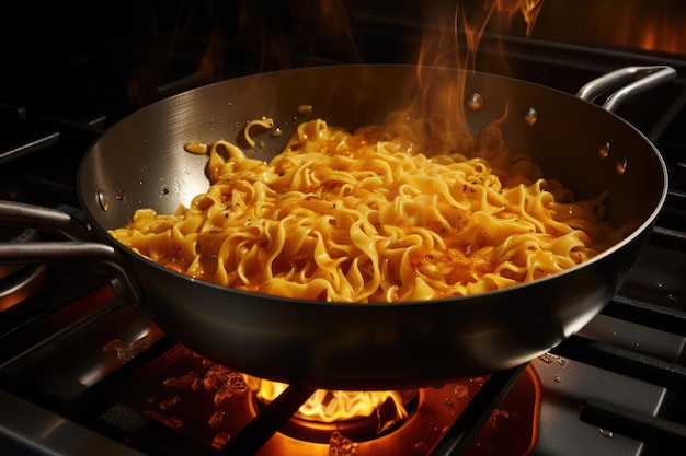 Pasta dans une casserole ou une poêle à frire préparant un plat sur un poêle au gaz dans un restaurant