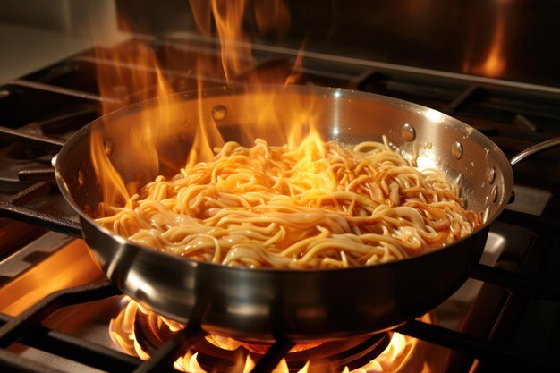 Pasta dans une casserole ou une poêle à frire préparant un plat sur un poêle au gaz dans un restaurant