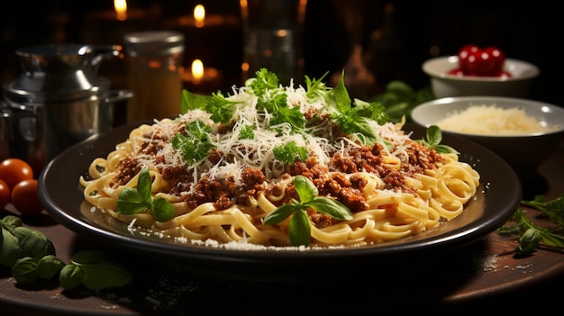 Pasta fraîche avec de la bolognaise et du fromage parmesan sur une assiette et une cuillère