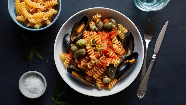 Photo pasta italienne classique fusilli marinara avec des moules olives vertes et capers sur une table sombre fusilli p