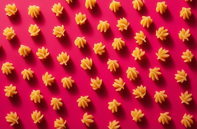 Pasta italienne de différentes formes sur un fond rose Ingrédient de cuisson Produit à base de farine