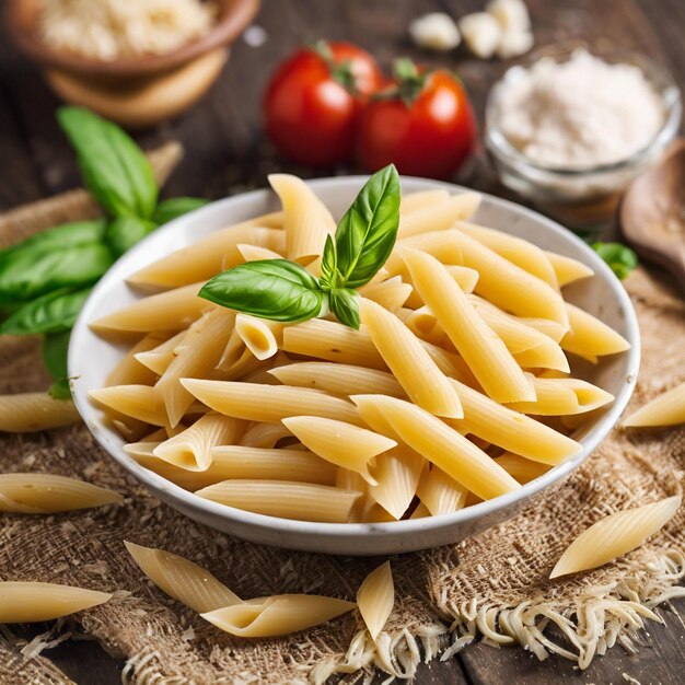 Photo pasta de penne crue non cuite vue supérieure de la nourriture italienne