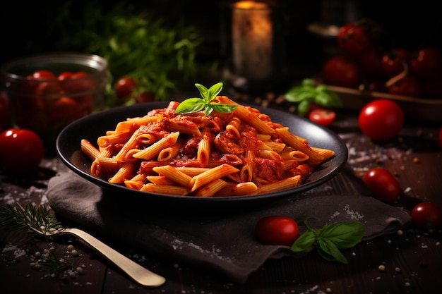 Pasta Penne dans de la sauce tomate décorée de persil sur un b noir