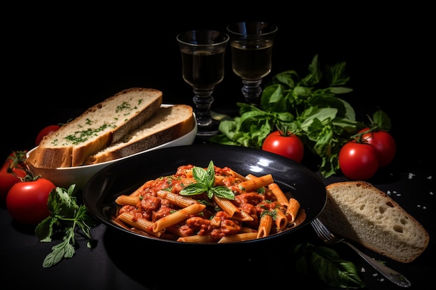 Pasta Penne dans de la sauce tomate servie avec du pain grillé