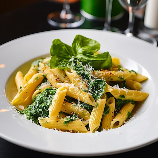 Pasta Penne avec des épinards et du parmesan