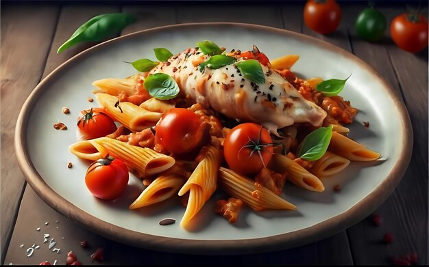 Pasta Penne réaliste dans de la sauce tomate avec de la poitrine de poulet