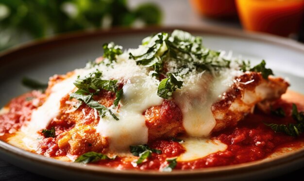 Pasta Penne en sauce tomate avec des tomates de poulet décorées de persil sur une table en bois