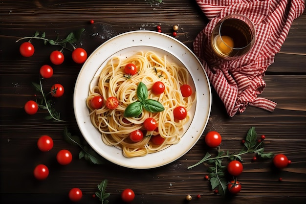 Pasta de poulet Caprese et soda pour le dîner de Noël sur la table en bois avec décoration de Noël