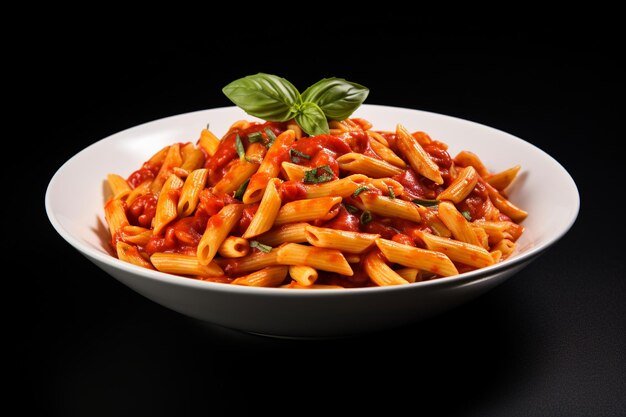 Pasta en sauce tomate dans une assiette blanche sur fond noir