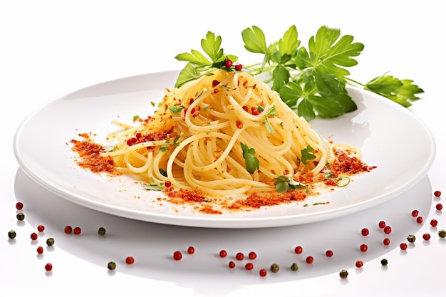 Pasta de spaghettis aglio e olio avec des flocons de piment, du persil et de l'ail sur fond blanc