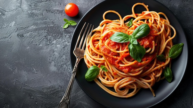 Pasta de spaghettis romantique en forme de cœur avec de la sauce tomate garnie de basilic sur une assiette noire