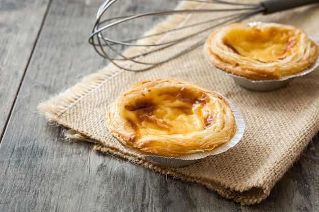 "Pasteis de nata" Tarte à la crème d'oeuf portugaise typique sur bois