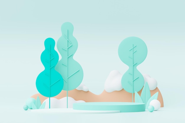 Pastel abstrait de la nature fleurs feuilles et plantes d'arbres avec plate-forme de support de podium Fond de paysage naturel de dessin animé mignon Scène de plantes colorées de printemps avec un design minimal 3D Render