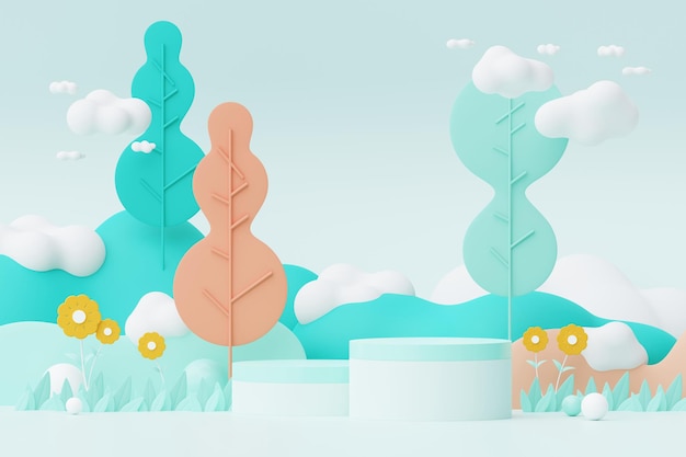 Pastel abstrait de la nature fleurs feuilles et plantes d'arbres avec plate-forme de support de podium Fond de paysage naturel de dessin animé mignon Scène de plantes colorées de printemps avec un design minimal 3D Render
