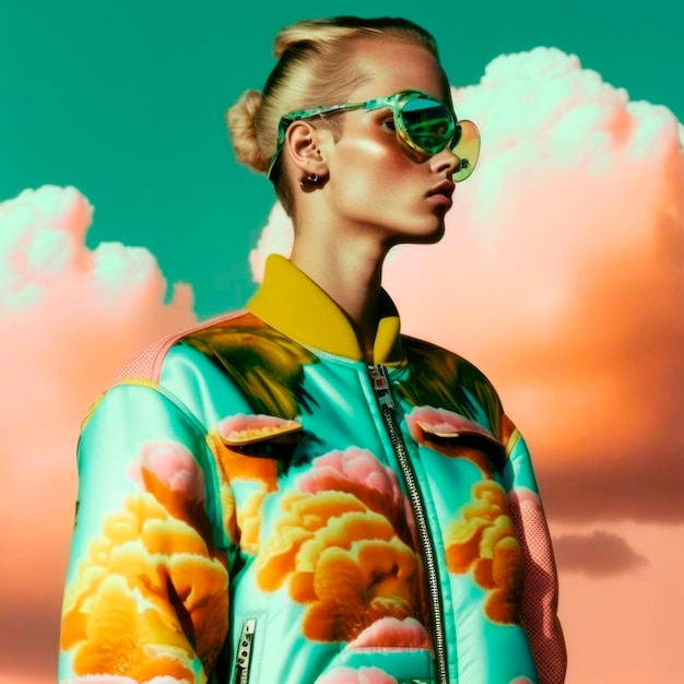 Pastel Dream Beautiful Model in Boomer Jacket and Clouds