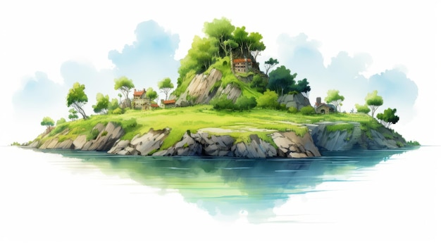 Photo pastel fairy tale island illustration animecore panorama cabincore