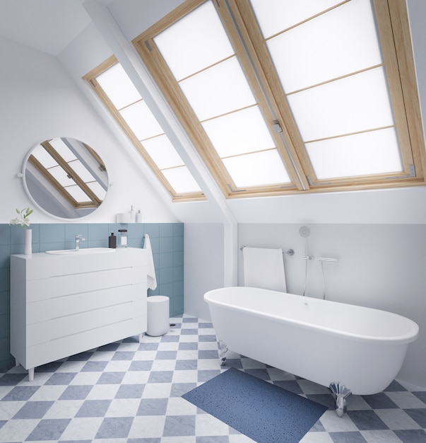 Pastel salle de bain moderne avec grande fenetre rendu 3d.