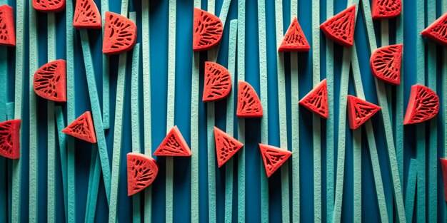 Pastèque coupée en bâtonnets sur fond bleu