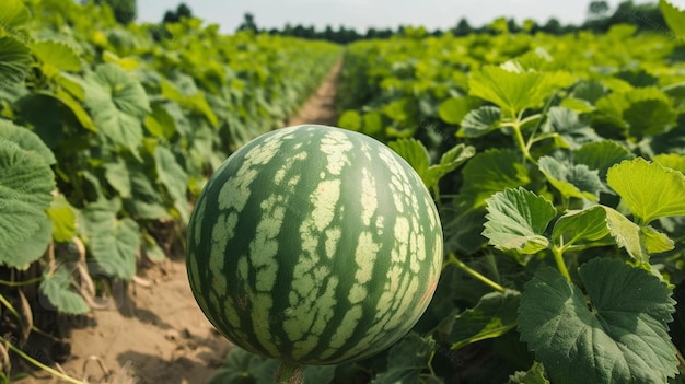 Une pastèque dans un champ de verdure