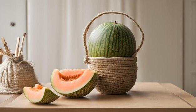 une pastèque est dans un panier avec de la pastèque sur le côté