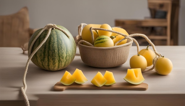 Une pastèque et une pastèque sont sur une table.