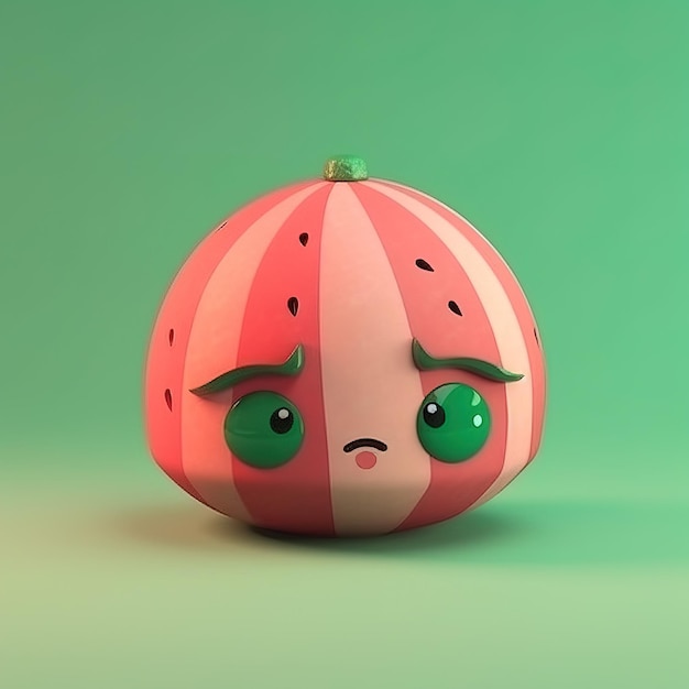 Une pastèque rose et verte aux yeux tristes est posée sur un fond vert.