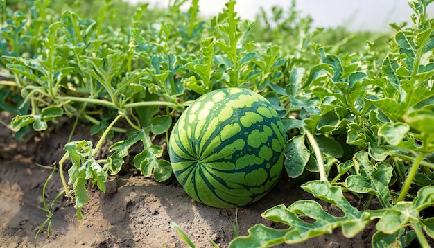 Pastèque verte poussant dans une ferme biologique de jardin fruitier