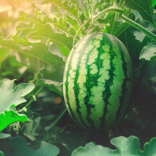 Pastèque verte poussant dans une ferme biologique de jardin fruitier