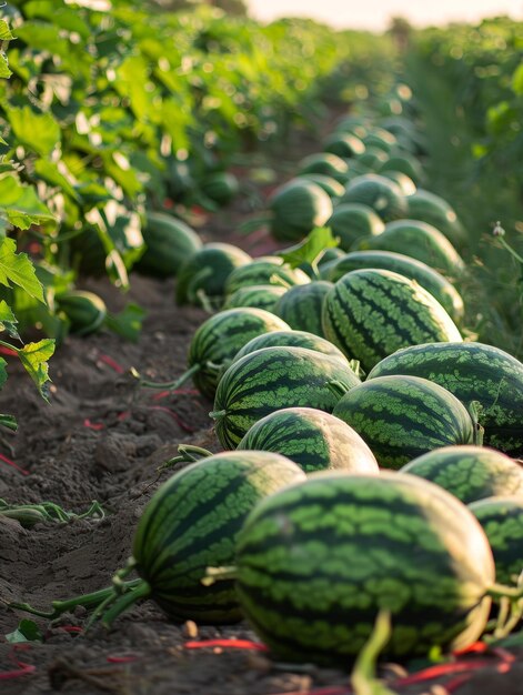 Des pastèques vertes mûres étalées sur un champ ensoleillé montrent l'agriculture durable pendant l'été