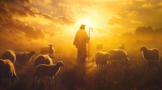 Pasteur Jésus-Christ conduisant le troupeau et priant Jéhovah Dieu et la lumière brillante et la silhouette de Jésus en arrière-plan dans le champ