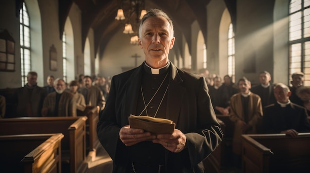 Un pasteur tient une Bible dans sa main pendant un sermon le Prophète a prononcé un discours moine aîné debout