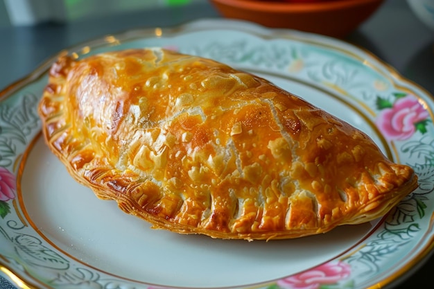 Pastis au four brun doré sur une assiette à motifs floraux à la lumière naturelle