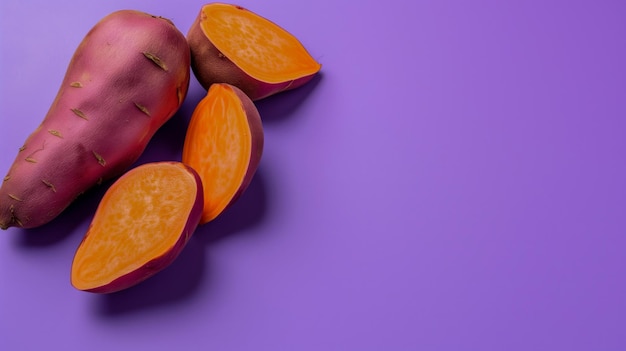 Photo une patate douce entière et tranchée sur un fond violet présentant un concept d'alimentation saine