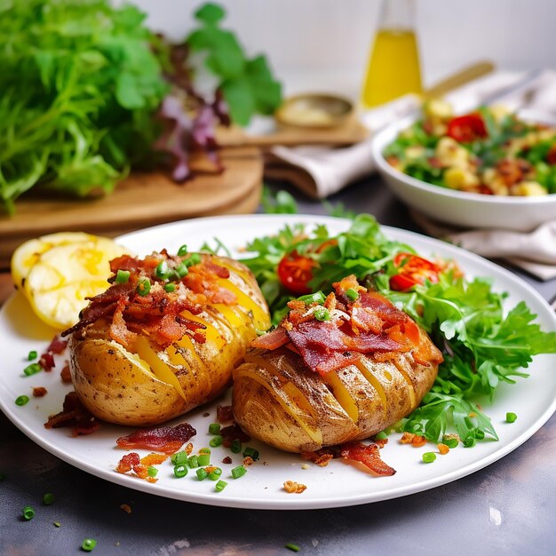 Photo patates au four avec bacon et saute aux légumes