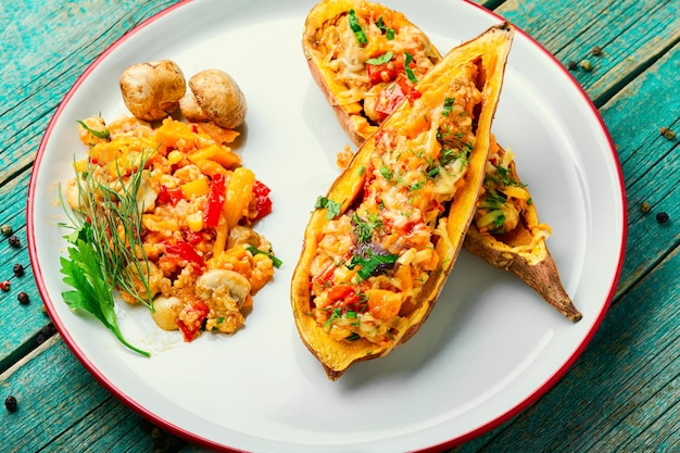 Patates douces au four avec poivrons, quinoa et champignons. Moitiés de batata farcies aux légumes