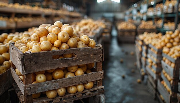 Patates fraîches récoltées en entrepôt dans des boîtes en bois usine de légumes caisses empilées fraîchement