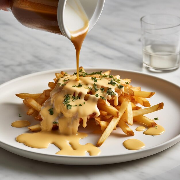 Photo patates frites saucées sur assiette blanche générative ai