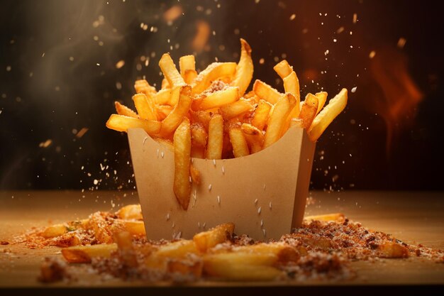 Patates frites avec sel épices sauces et fromage Levitation IA générative