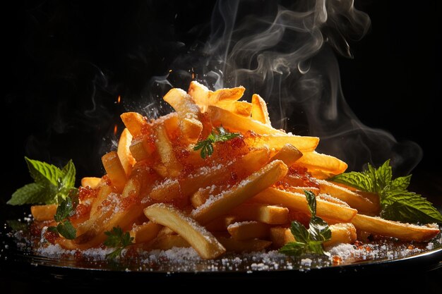 Patates frites avec sel épices sauces et fromage Levitation IA générative