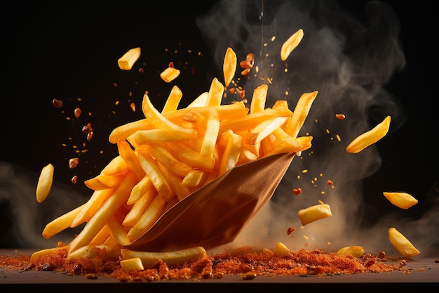 Patates frites avec sel épices sauces et fromage Levitation IA générative