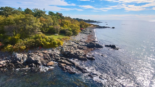Patch de la côte du Maine d'en haut avec bord rocheux et forêt verte