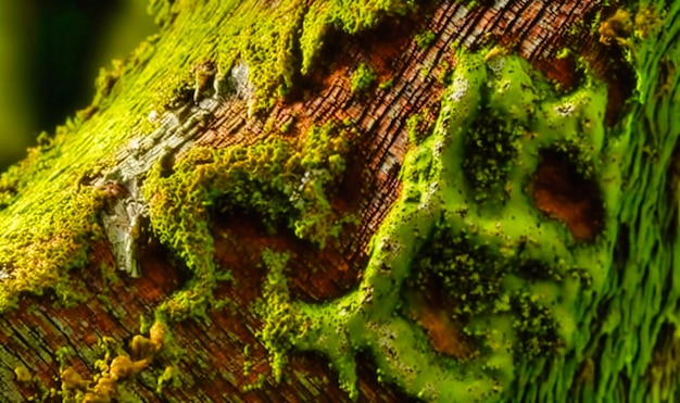 Un patch de mousse recouvrant l'écorce d'un vieil arbre offrant une texture douce et veloutée