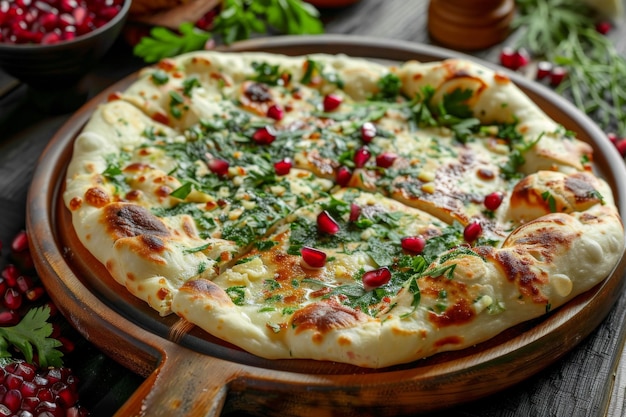 Photo pâte finement roulée qutab kutab ou gozleme avec fromage et légumes verts plat traditionnel turc