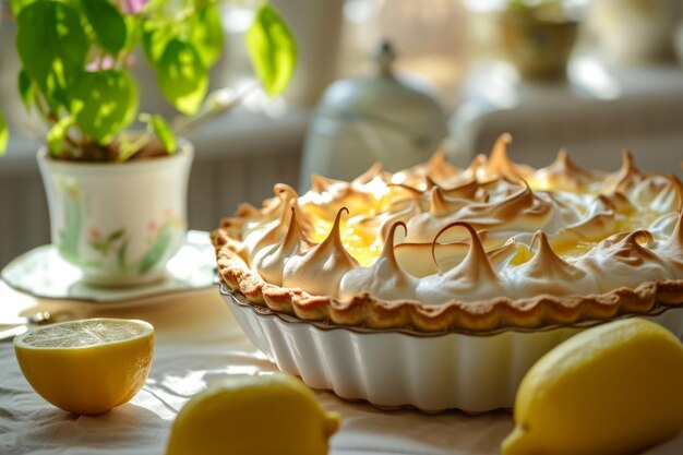 Pâte à la meringue au citron sur assiette avec des citrons frais en arrière-plan IA générative