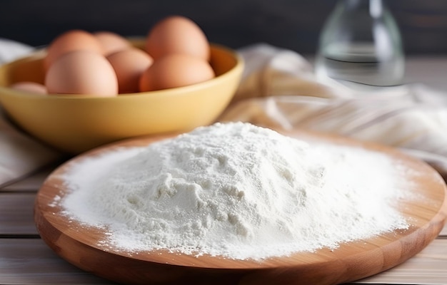 pâte d'œufs et de farine cuisinée sur une plaque de bois blanche sur un woo blanc