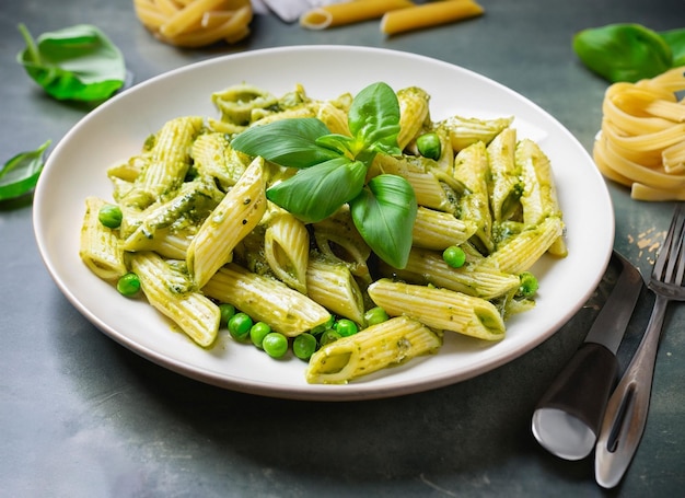 Une pâte d'un penny avec de la sauce de courgette, des pois verts et du basilic.