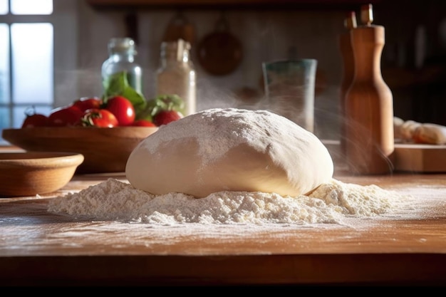 La pâte de pizza fraîchement faite s'élève sur un comptoir en bois