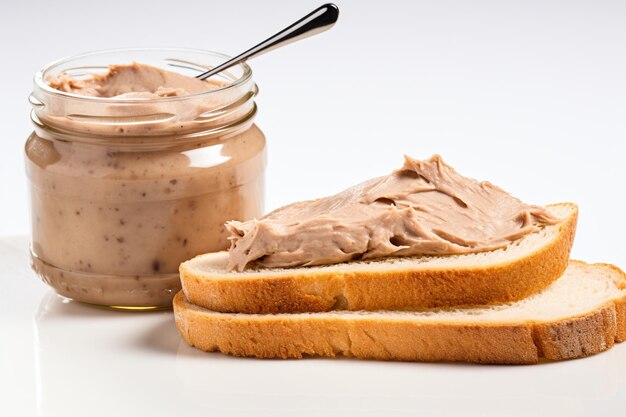 Photo paté de thon sain ou rillettes dans un pot en verre sur planche de marbre et pain grillé avec du thon sur un fond blanc