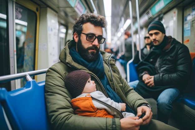 La paternité dans le métro en transit Voyage en solo avec un nouveau-né